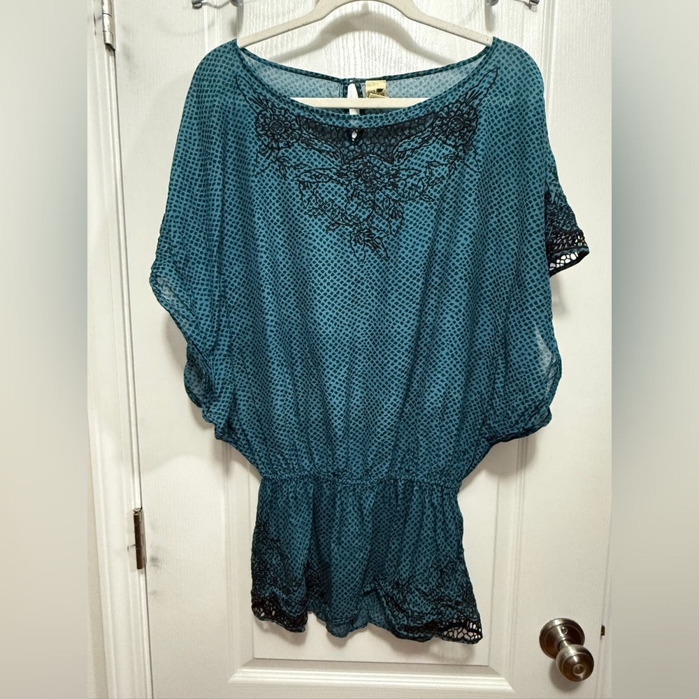 Free People Tunic Mini Dress Women’s XS Embroidered Crochet Lace Blue Black Boho